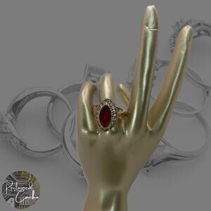 Gold and Red Rhinestone Statement Ring - Size 6.5